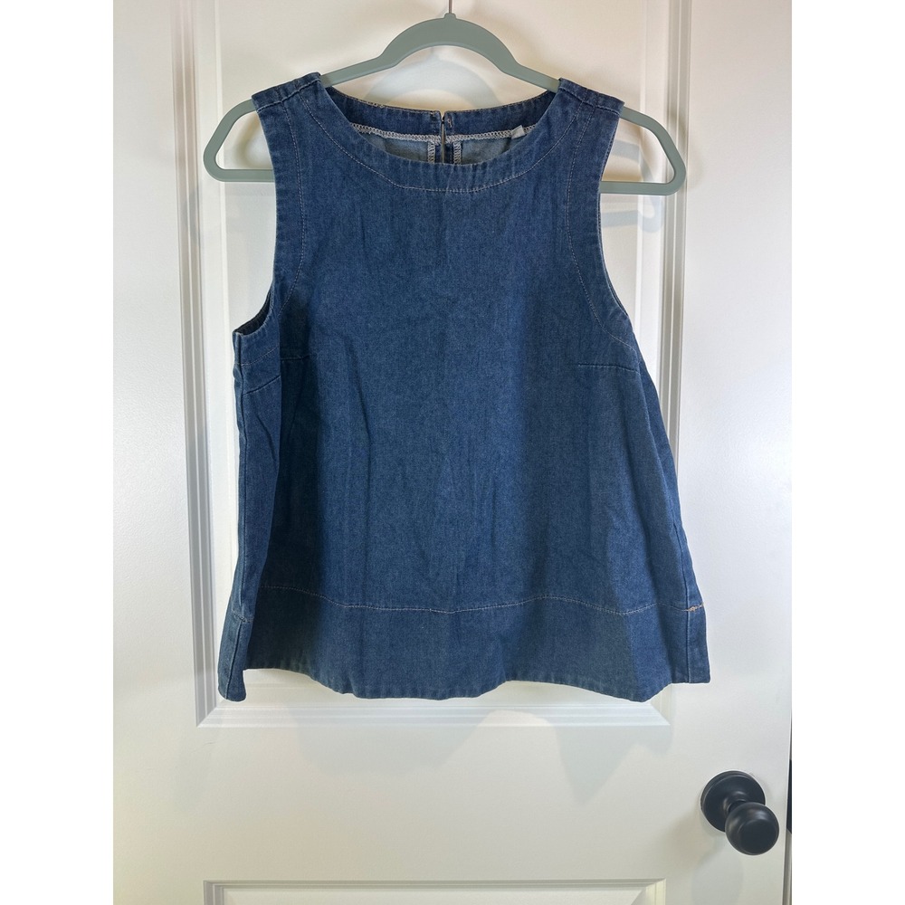 Fashion Blue Denim Sleeveless Round Neck Shell Top Tank Women Medium